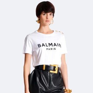 Balmain Women's Gold Buttons T-shirt with Balmain Paris Print Size S White